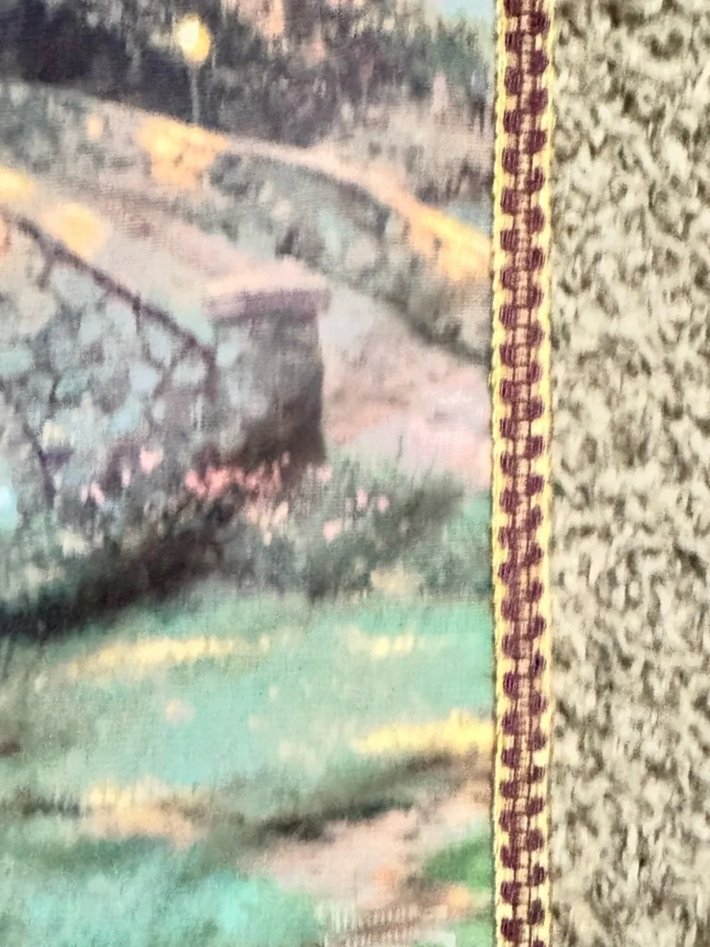 VintageScenic Village Bridge Wall Tapestry in Soft Pastel Green and Gold
